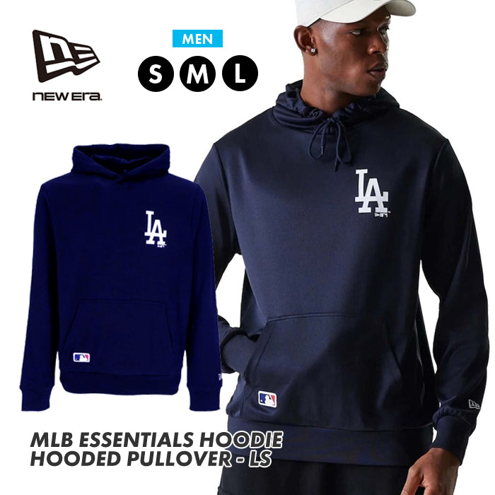 ニューエラ NEW ERA MLB ESSENTIALS HOODIE HOODED PULLOVER メンズ エッセンシャル ロサンゼルス ドジャース プルオーバー フーディー 刺繍 ロゴ ストリート ブルー ネイビー 濃紺 ホワイト 海外モデル 軽量 速乾 紳士 男性 スポーツ カジュアル