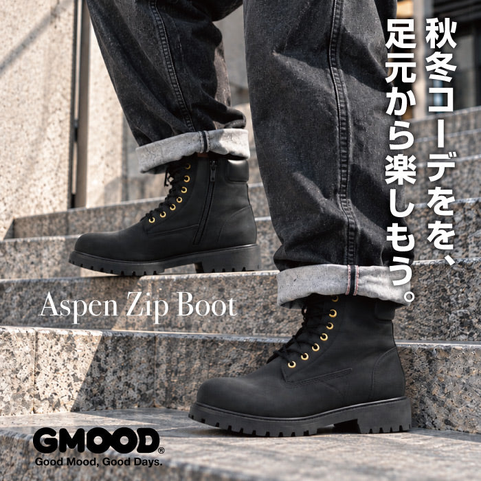 GMOOD メンズ ワークブーツ 6ホールブーツ ショートブーツ レースアップ サイドジップ ファスナー付き 撥水 防汚 タンクソール クッションインソール カップインソール 洗えるインソール 合成皮革 秋冬 カジュアル ストリート GM-408M Aspen Zip Boot